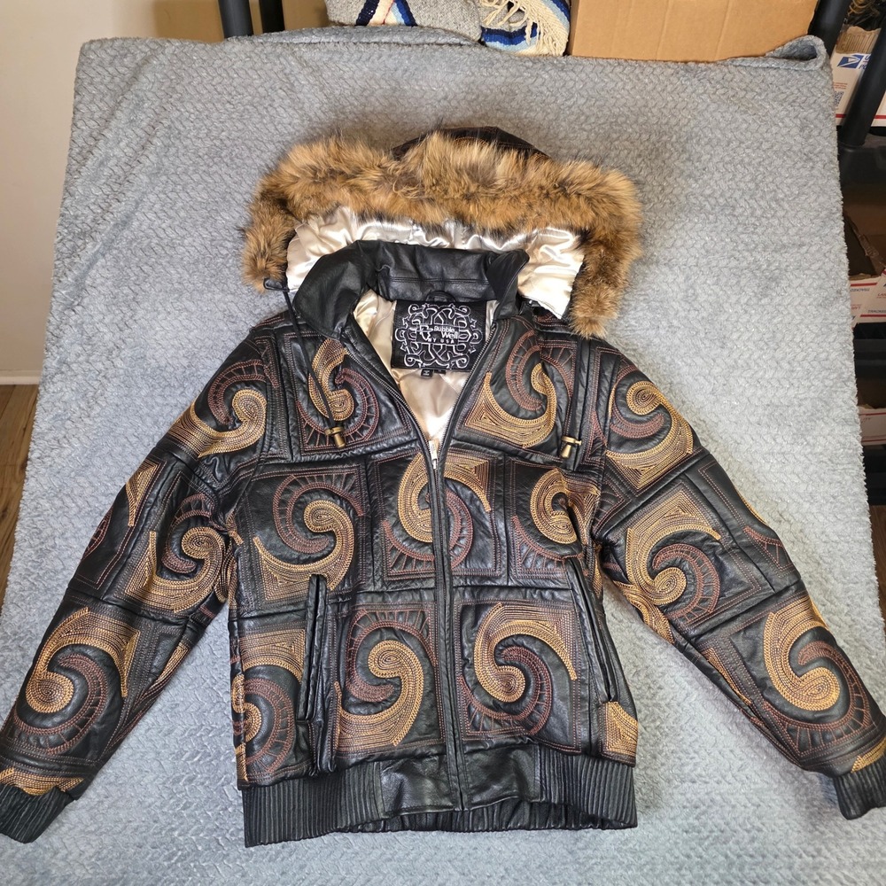 Bubble Well NY USA Genuine‎ Leather Hooded Bomber Jacket Mens M Embroidered Fur